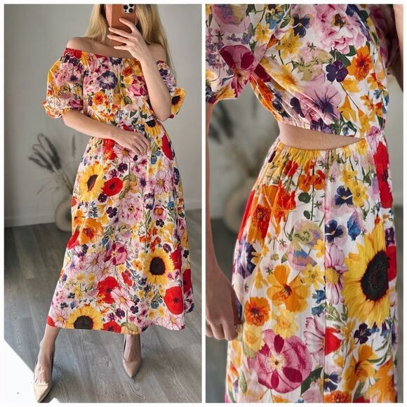 H&M Floral Cut Out Dress Puff Sleeves New - Picture 3 of 4